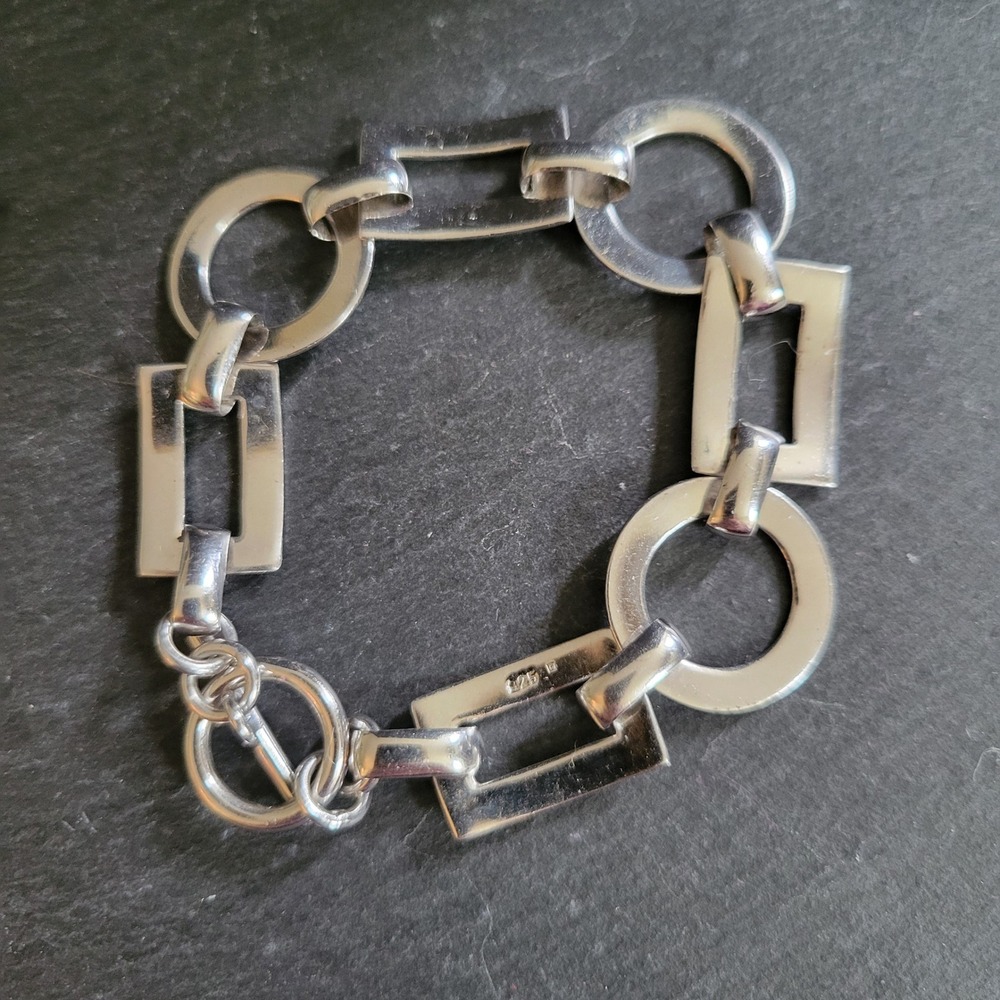 Vintage 925 Sterling Silver Geometric Link Toggle Bracelet Size 7 Minimalist 90s
